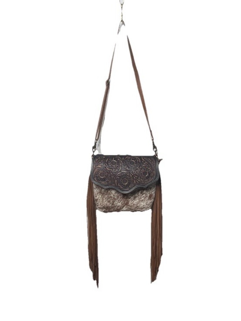 Myra Bags Boho Tooled Leather & Fur Crossbody Bag in Brown